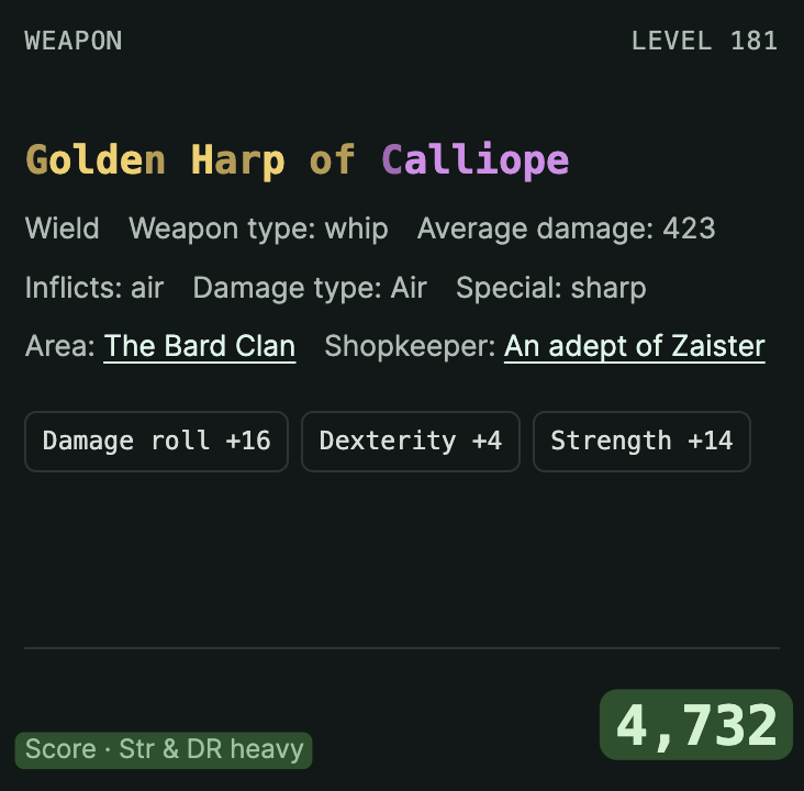 Example equipment comparison showing stat modifiers and a custom score.
