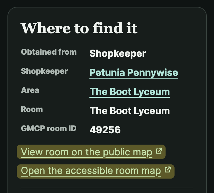 Example item location details with links to view the room on the public and accessible Gaardian maps.