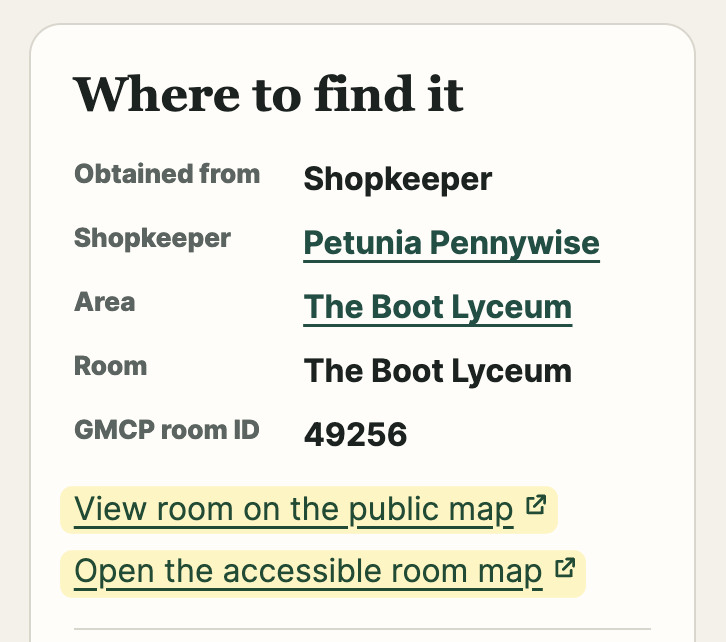 Example item location details with links to view the room on the public and accessible Gaardian maps.